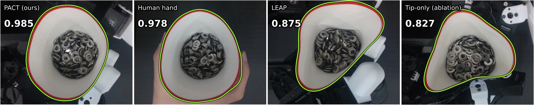 Top view of the cup rim held by each hand and by a human hand, with the detected band in green and circularity values