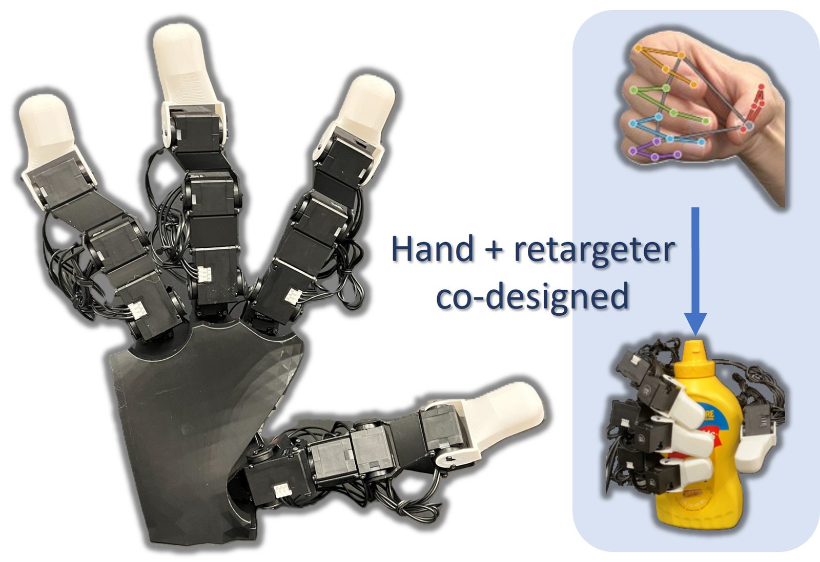 The PACT Hand, and the same retargeting law mapping a bare-hand posture from one RGB camera onto the hand grasping a mustard bottle